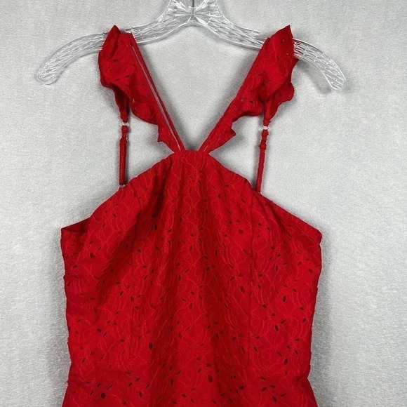 J.O.A Red Eyelet Lace Mini Dress Halter Ruffle Straps Size Medium - Picture 4 of 13